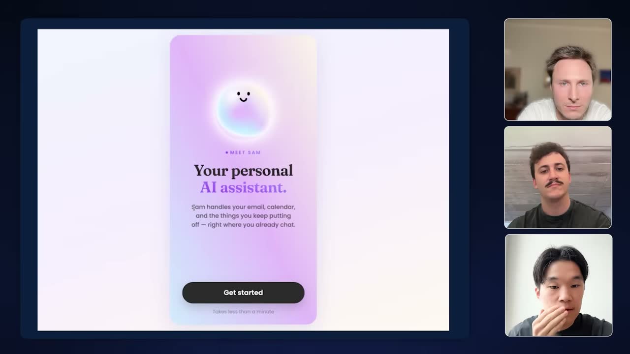WiseSam onboarding screen: "Meet Sam, your personal AI assistant" handling email and calendar where you chat.