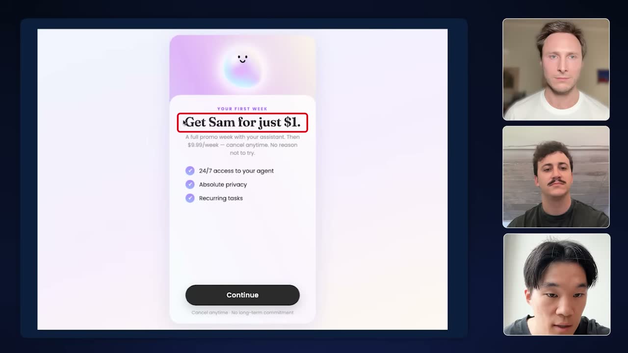 WiseSam paywall offering a $1 promo first week, then $9.99/week, cancel anytime.