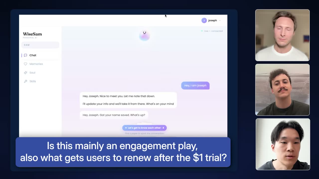 WiseSam's chat screen guides new users with a 'Let's get to know each other' button.