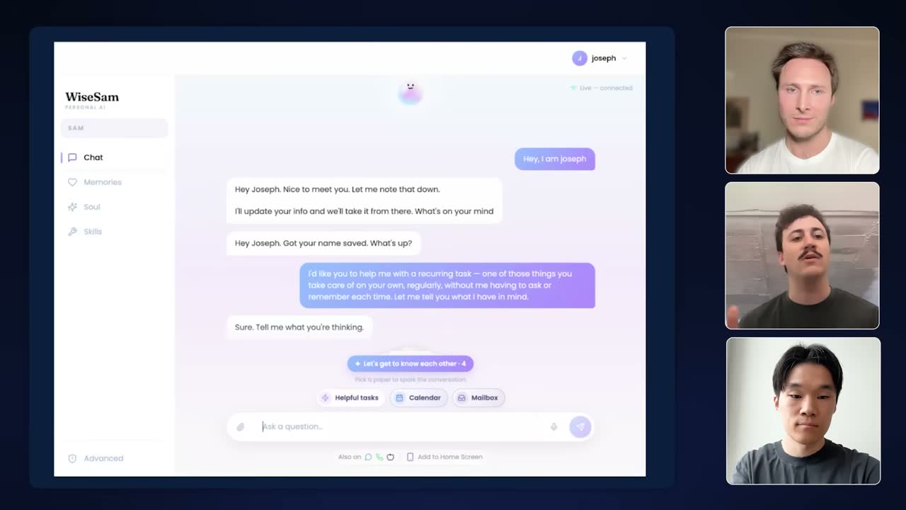 WiseSam's chat screen where Joseph asks the agent to take on a recurring task.