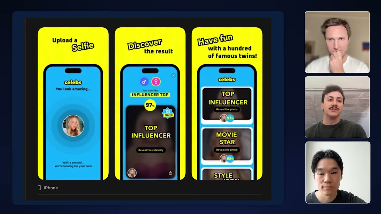 Celebs app store screenshots: upload a selfie, get a 97% celebrity twin match.