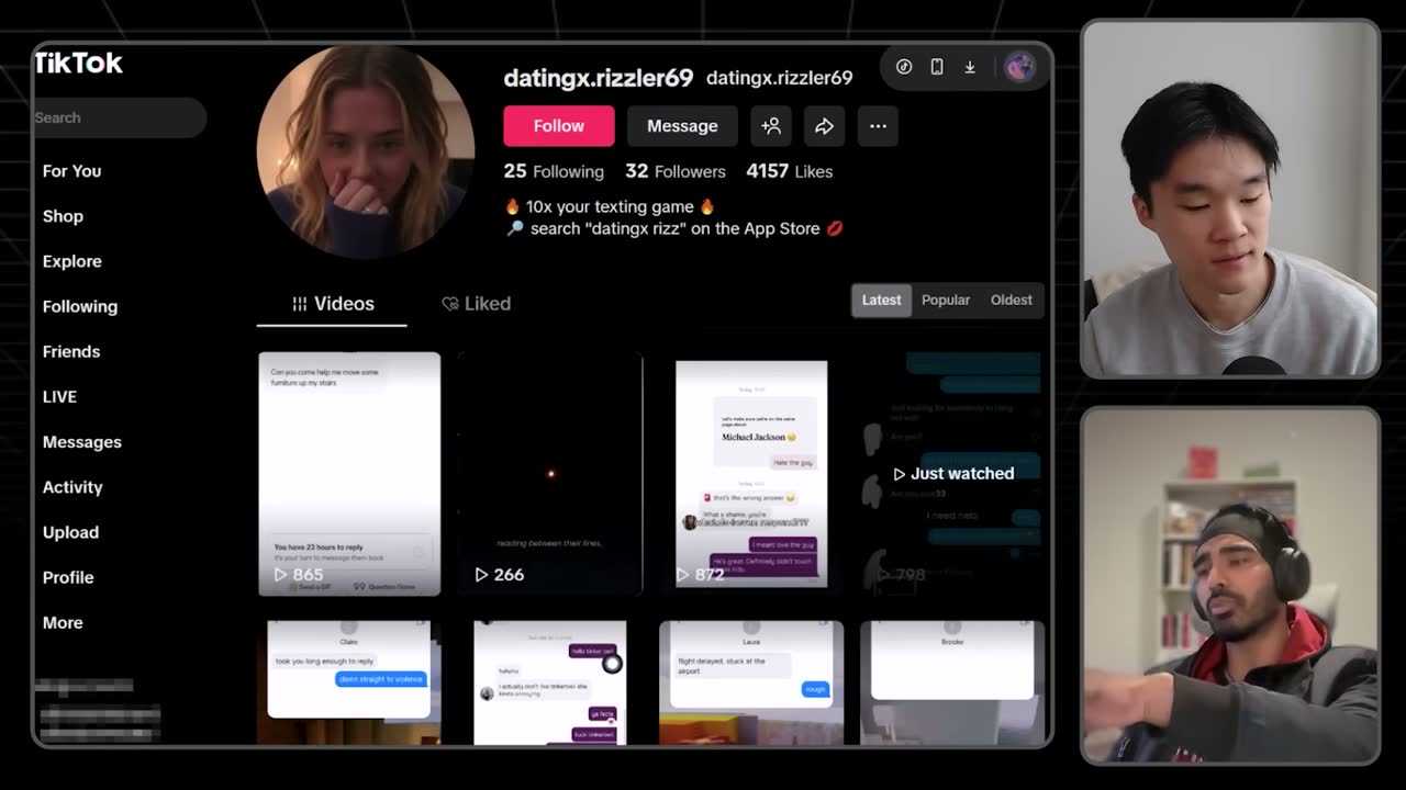 TikTok account datingx.rizzler69 posting texting-screenshot videos to promote the datingx rizz app.
