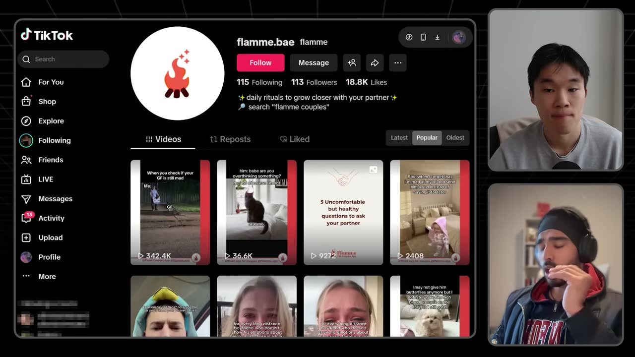 Flamme's original TikTok account flamme.bae, created natively in Europe, with 18.8K likes and a top video at 342.4K views.