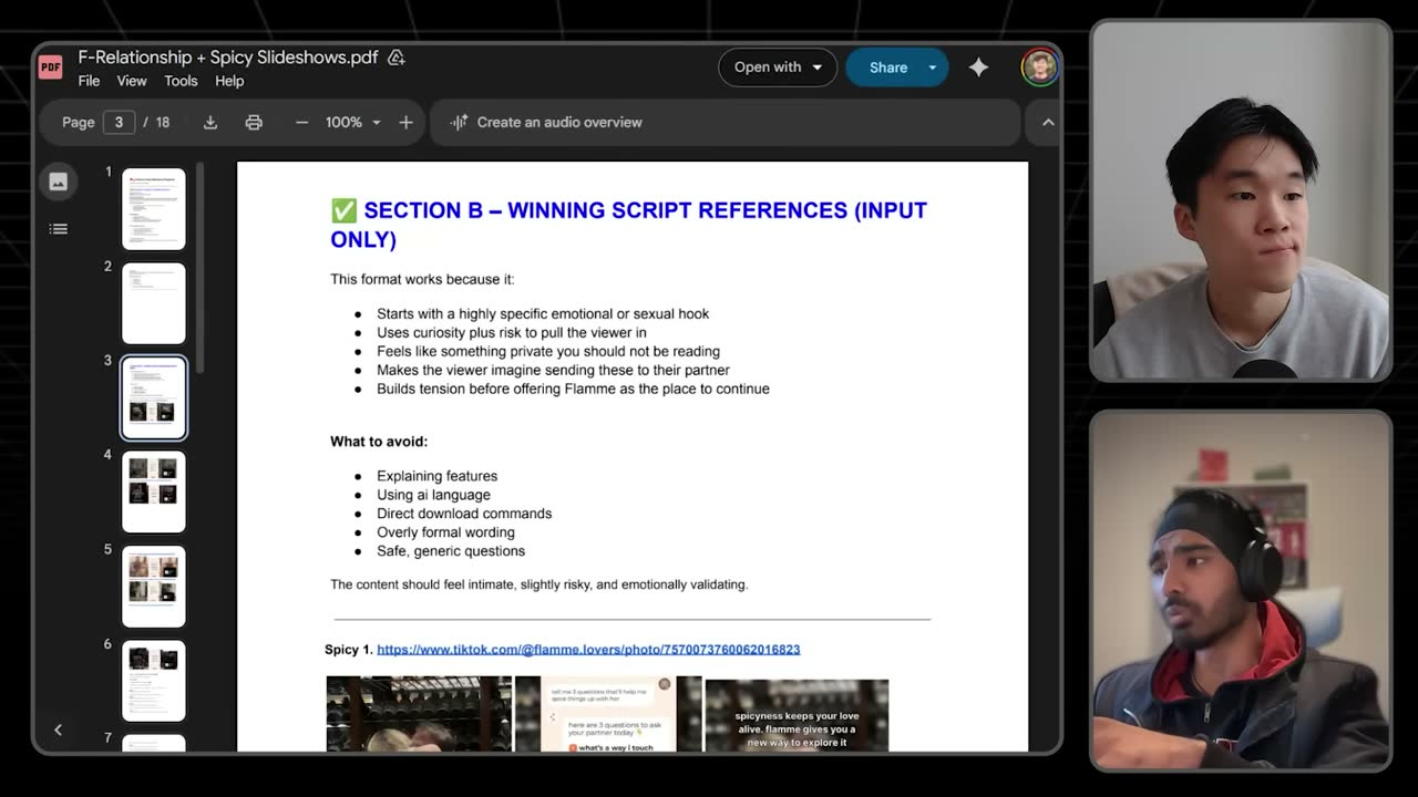 Flamme playbook Section B lists why winning scripts work, what to avoid, and reference TikTok slideshows.
