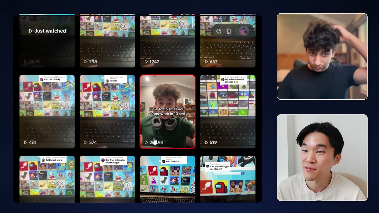 TikTok account grid showing the Problem Pal "finish all your homework in 10 sec" video, ~200K views.
