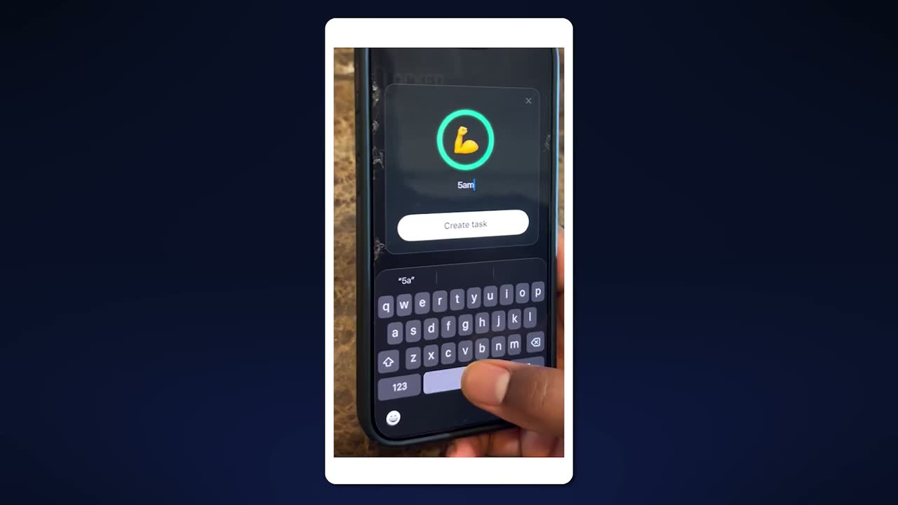 Locked app demo: creating a "5am" task with a flexed-bicep goal icon.