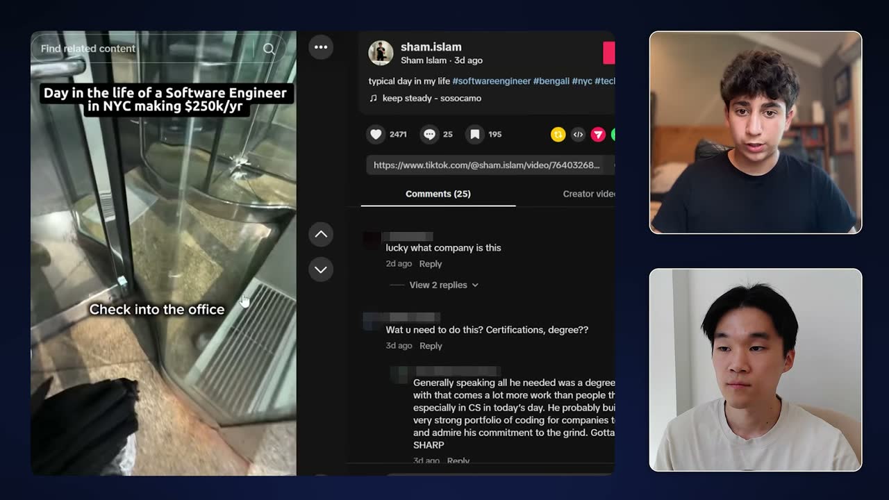 TikTok "Day in the life of a Software Engineer in NYC making $250k/yr" video with 2,471 likes and comments.