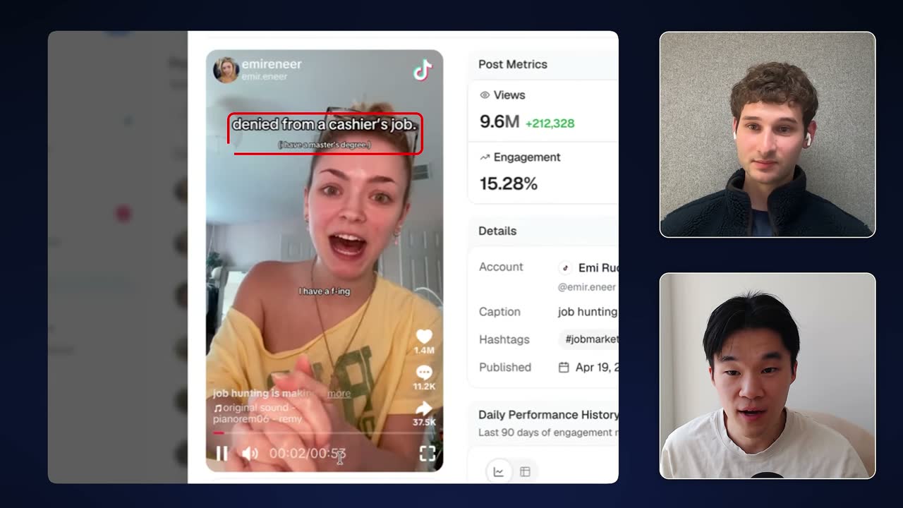TikTok talking-head ad "denied from a cashier's job" hitting 9.6M views at 15.28% engagement.