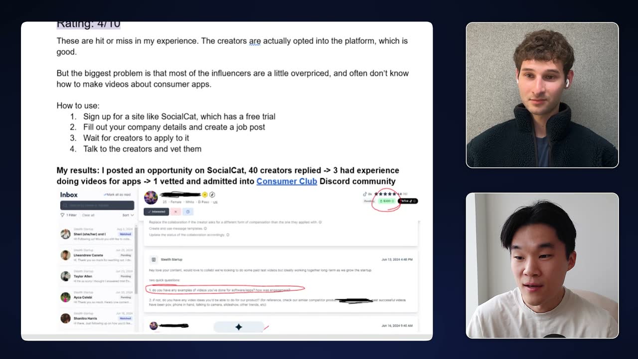 Doc rating creator marketplaces 4/10: SocialCat post drew 40 creators, only 1 vetted.
