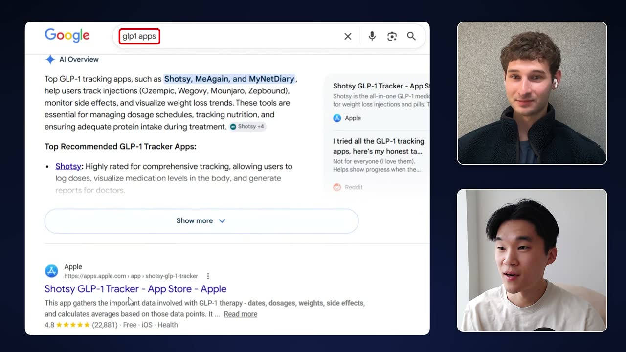 Google search for "glp1 apps" surfaces Shotsy GLP-1 Tracker, rated 4.8 with 22,881 reviews.