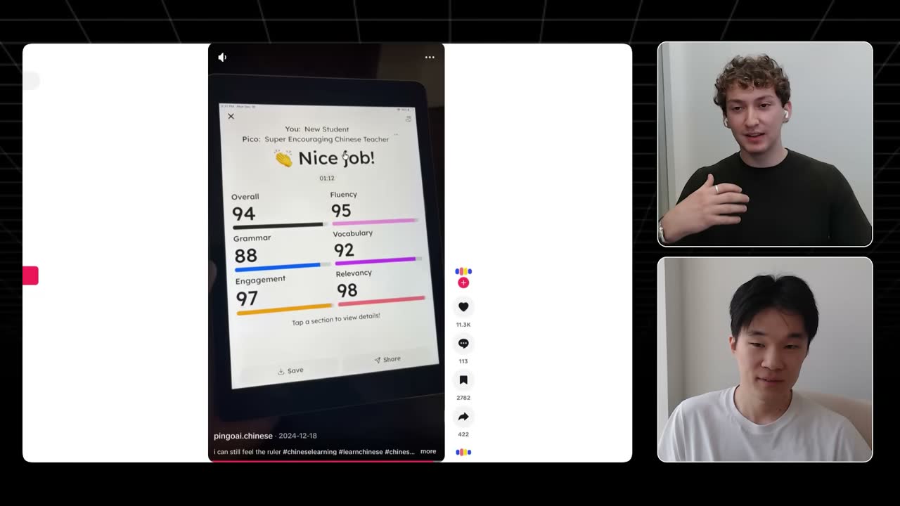 Pingo's first viral TikTok showed its feedback screen: Overall 94, Fluency 95, Engagement 97.