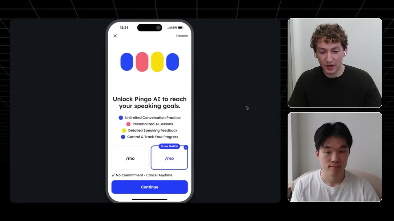 Pingo's original one-page paywall listing four AI features, two plan buttons and a Continue button.