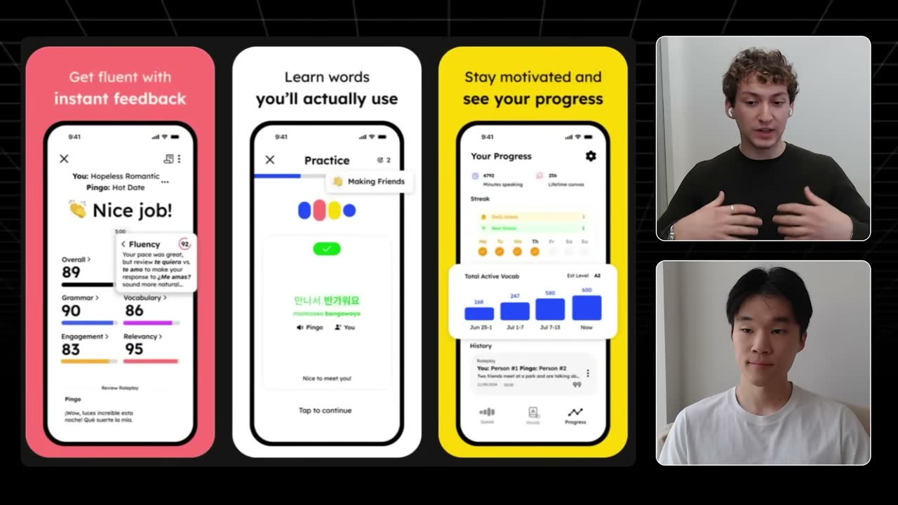Pingo's app screens: roleplay feedback scores (Fluency 92), vocabulary practice, and progress tracking showing vocab growth to 600.