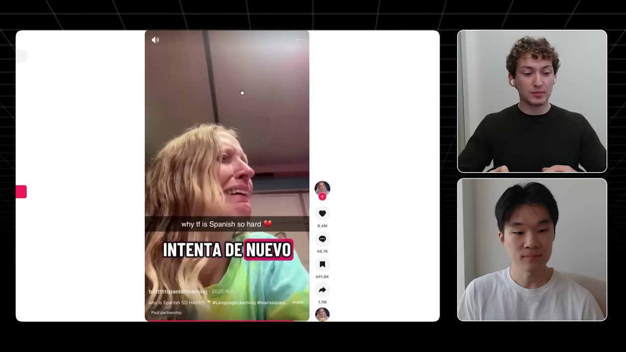 Example viral TikTok: creator crying over Spanish, 'INTENTA DE NUEVO' overlay, 8.4M likes.
