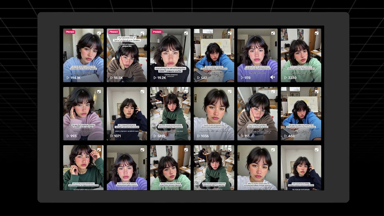 A UGC creator's TikTok grid: repeated selfie-style art-student hooks about Pinterest alternatives, views ranging 113 to 194.1K.