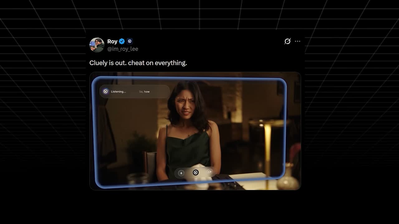 Roy Lee's tweet launching Cluely, "cheat on everything," with its cinematic demo video showing the AI overlay listening.
