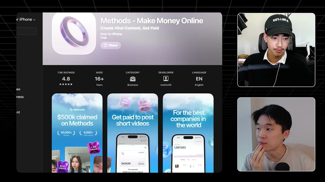 Methods app's App Store page: 4.8 rating from 7.9K reviews, "$500k claimed" by 50,000+ creators.