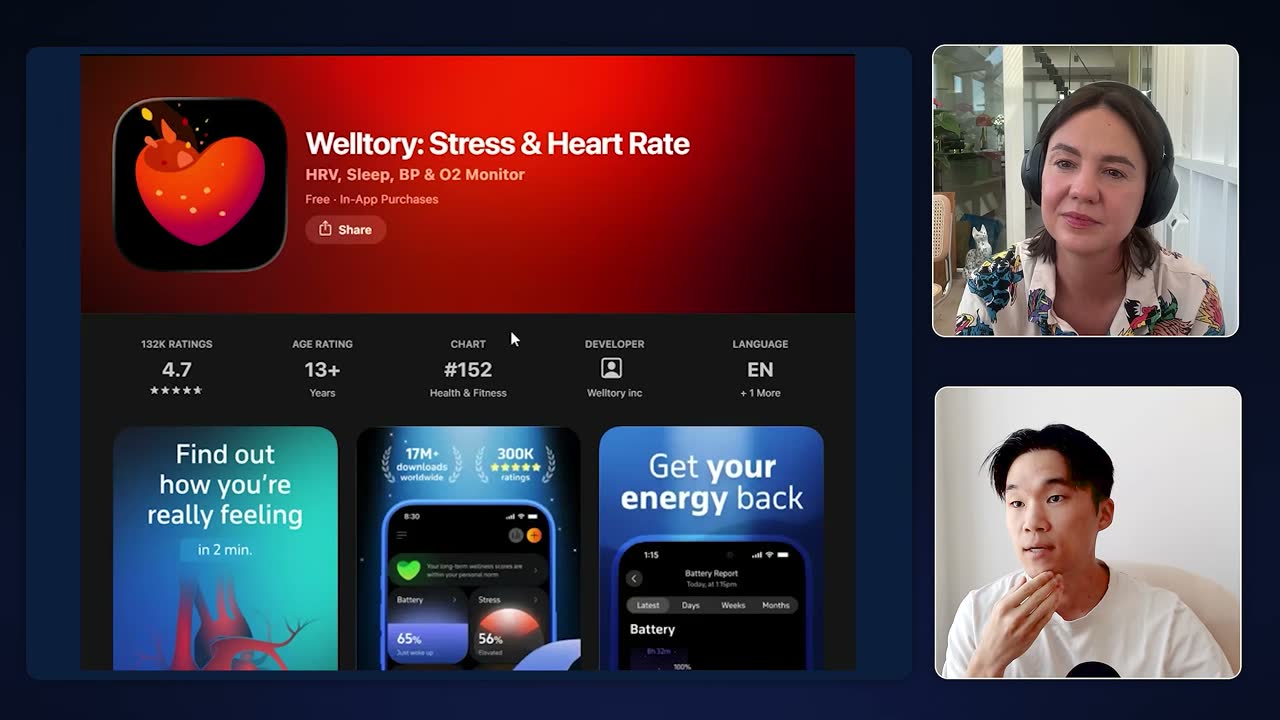 Welltory's App Store page: 4.7 rating from 132K reviews, #152 in Health & Fitness, benefit-led screenshots.