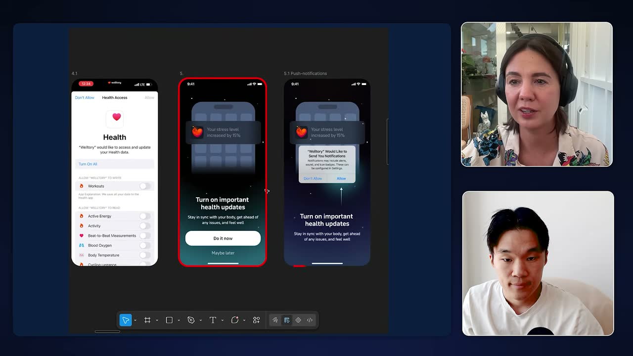 Welltory's onboarding screens: Apple Health access, then an early push-notification request ('Turn on important health updates').