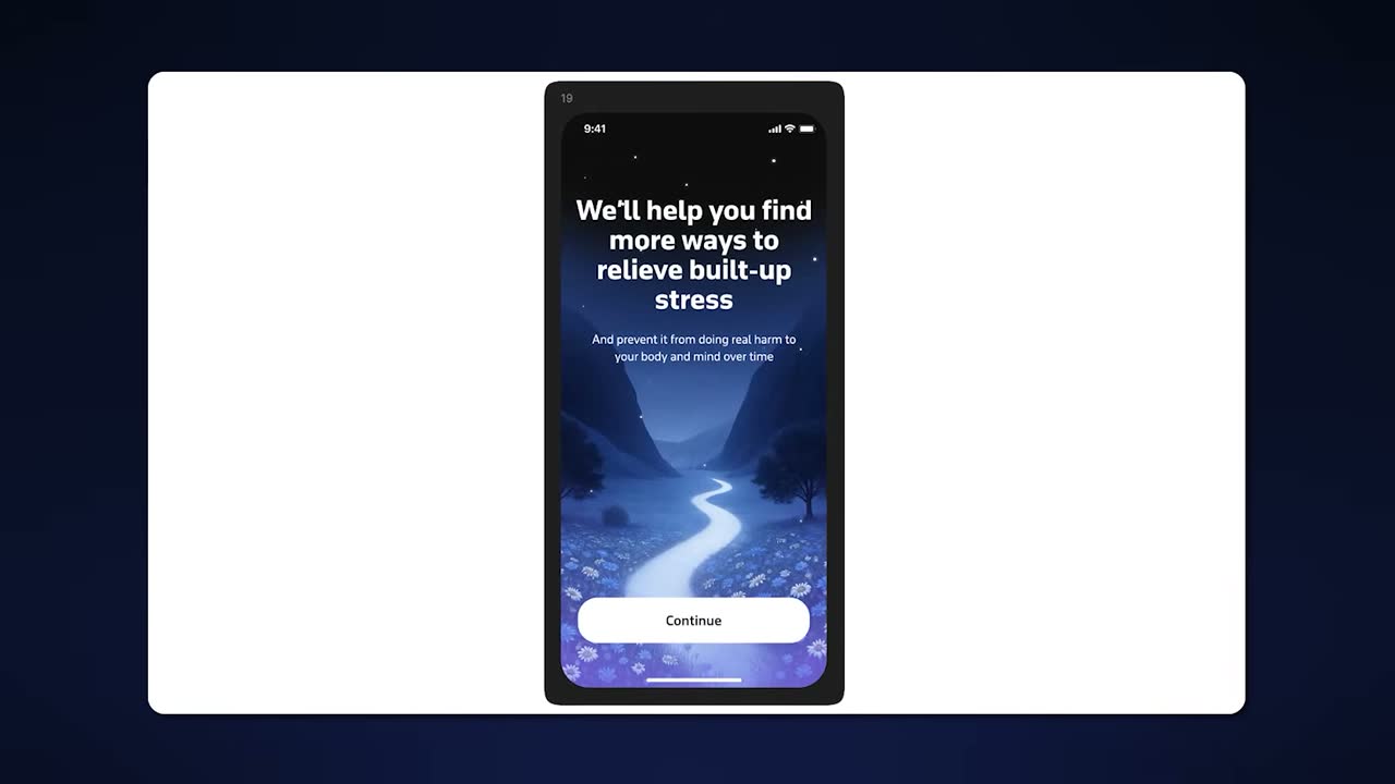 Onboarding screen 19 shifts to hope: "We'll help you find more ways to relieve built-up stress."