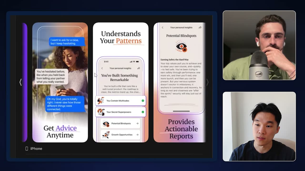 App Store screenshots for Purpose, an AI mentor app: advice chats, pattern insights, actionable reports.