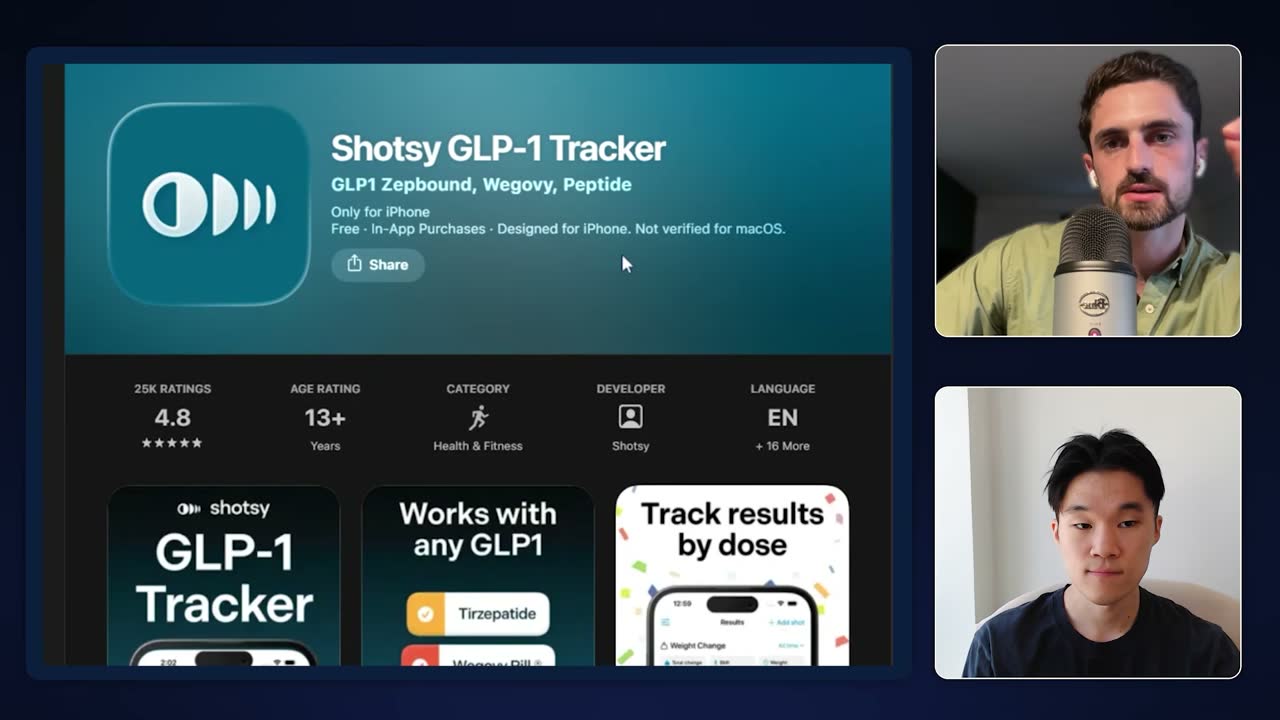 App Store listing for Shotsy GLP-1 Tracker: 4.8 rating from 25K reviews, Health & Fitness category.
