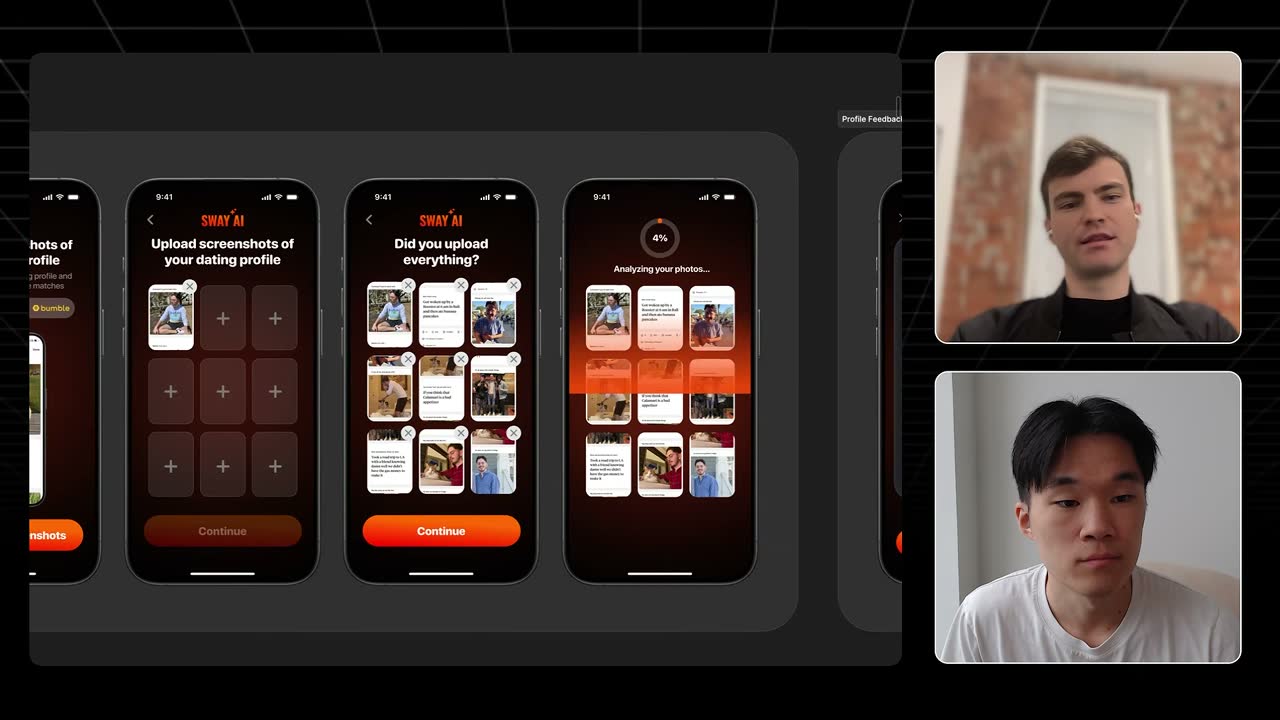 Sway AI onboarding: upload dating profile screenshots, confirm uploads, then a 4% photo analysis screen.