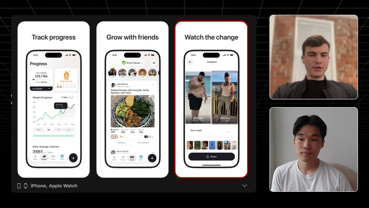 Cal AI App Store screens: progress tracking, a friends group feed, and shareable before/after comparison (355 to 182 lbs).