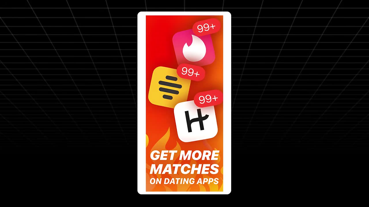 Promo graphic showing Tinder, Bumble and Hinge icons with 99+ badges: 'Get more matches on dating apps'.