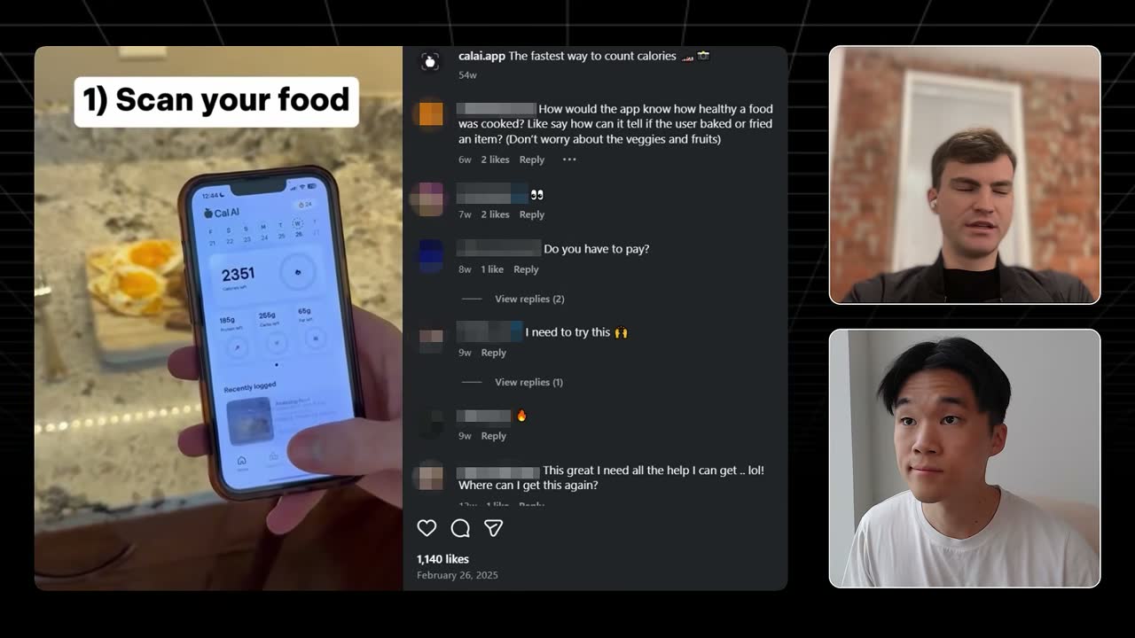 Cal AI influencer post showing the scan step and home screen with 2,351 calories left.