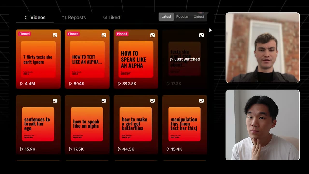 Sway AI's TikTok grid of branded slideshows, from 4.4M views on pinned posts to 15K–45K on the rest.