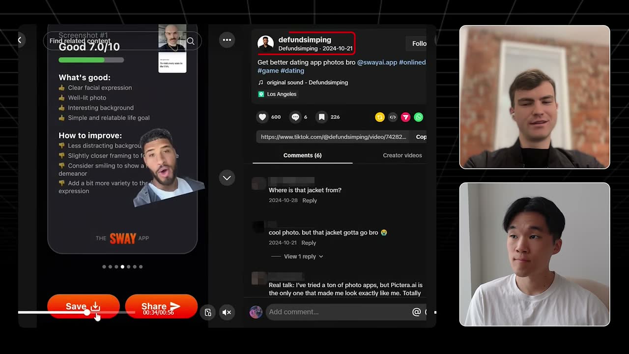 TikTok ad by influencer Defundsimping showing the Sway app rating a dating photo 7.0/10.