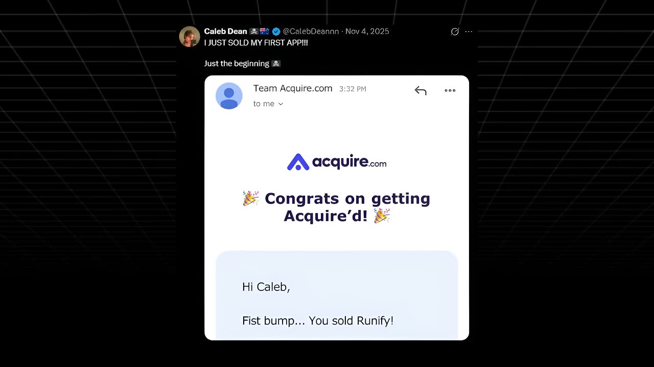 Caleb Dean's tweet showing Acquire.com's email confirming he sold his app Runify.