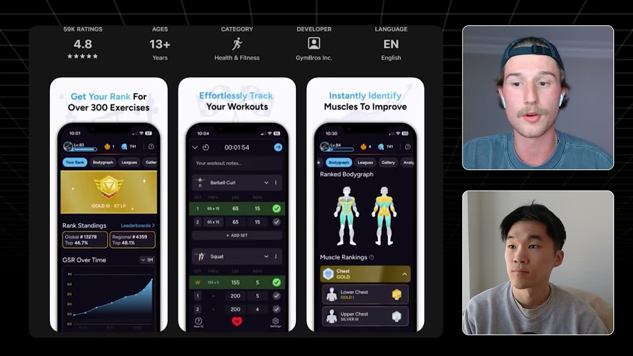 LiftOff's App Store screenshots: 4.8 rating from 59K reviews, exercise ranks, workout tracking, muscle bodygraph.
