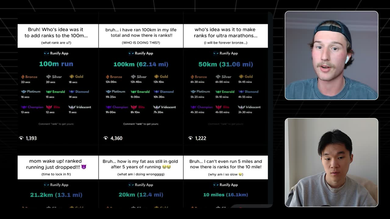 Runify App reels showing ranked running tiers by distance, with view counts like 4,360 and 1,393.