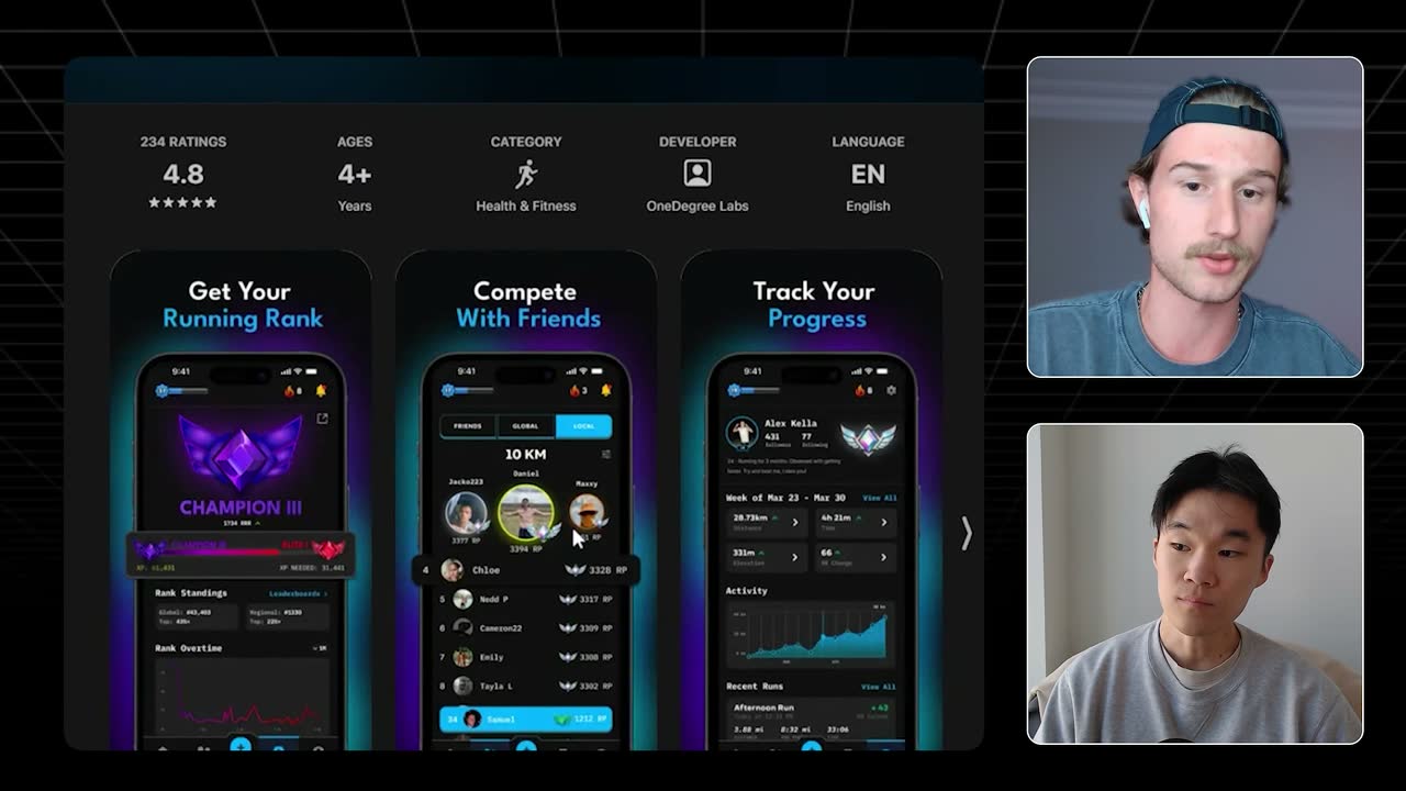 Runnafire's App Store listing: 4.8 rating from 234 reviews, showing running ranks, friend leaderboards, and progress tracking.
