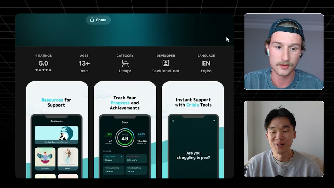 App Store listing for the founder's first app: 5.0 rating, Lifestyle category, crisis and progress-tracking screens.