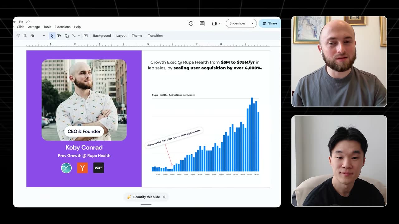 Sunflower pitch deck founder slide: Koby grew Rupa Health from $5M to $75M/yr, acquisition up 4,000%.