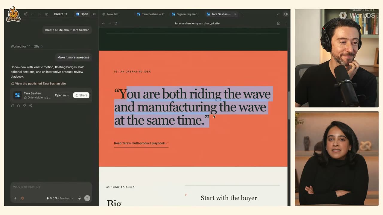 ChatGPT-built Tara Seshan site featuring the quote "riding the wave and manufacturing the wave at the same time."